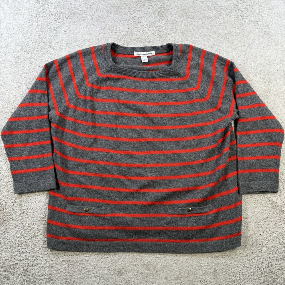 Autumn Cashmere Sweater Womens Large Grey Red Striped 100% Crewneck Pockets